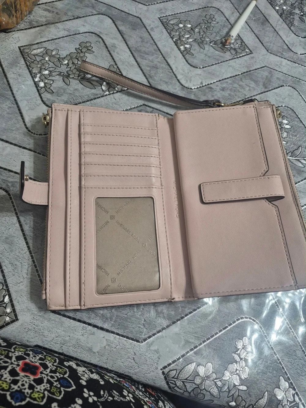 Michael Kors Brown Logo-Print Wristlet with Pink Strap